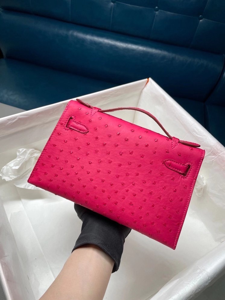 Hermes Mini Kelly Pochette 22cm Bag In Rose Red Ostrich Leather